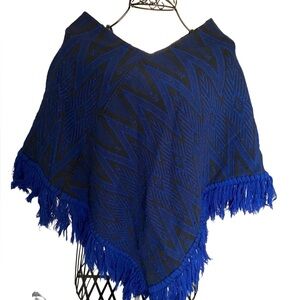 Vintage Blue and Black Aztec Print Poncho with Fringe